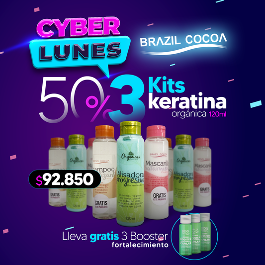 🔥CYBER LUNES 3 KITS KERATINA ORGÁNICA 120ML 50% DESCUENTO (3 booster gratis)